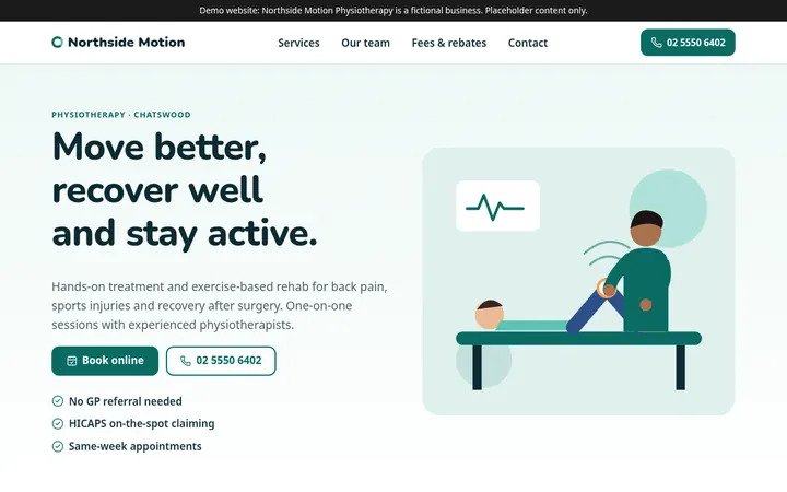Screenshot of the allied health template: a clean white and teal physiotherapy website.