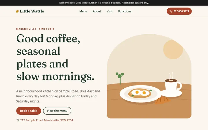 Screenshot of the cafe and restaurant template: a warm cream and terracotta cafe website with menu highlights.