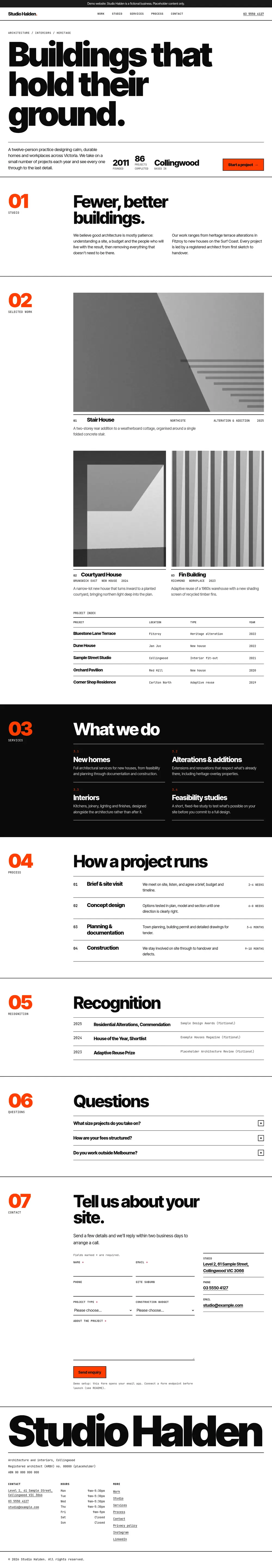 Full-page desktop screenshot of the architecture studio example site (Studio Halden).