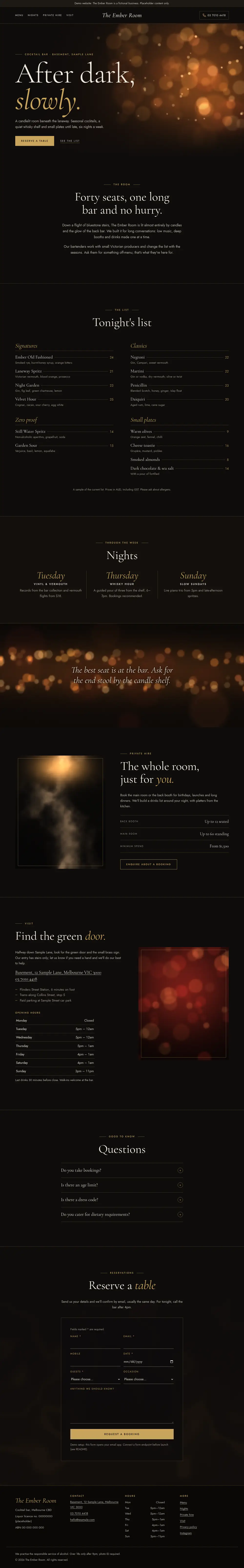 Full-page desktop screenshot of the cocktail bar example site (The Ember Room).