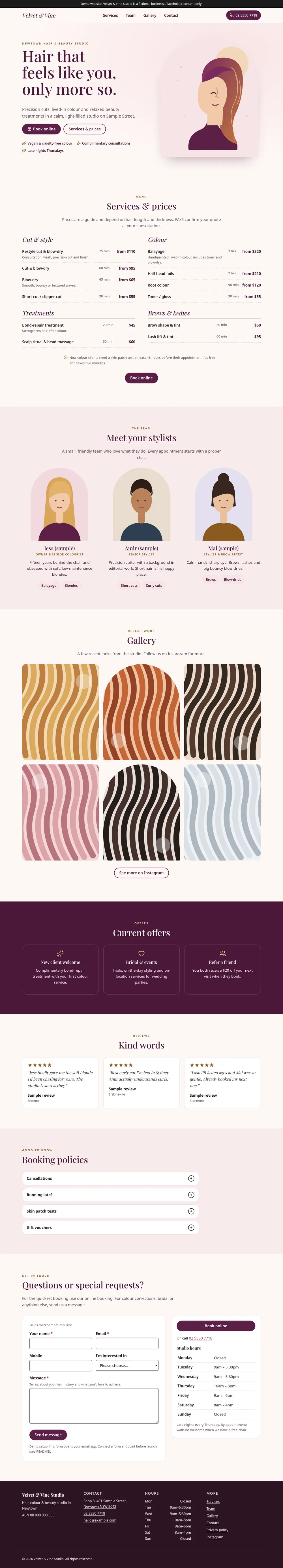 Full-page desktop screenshot of the hair and beauty example site (Velvet & Vine Studio).