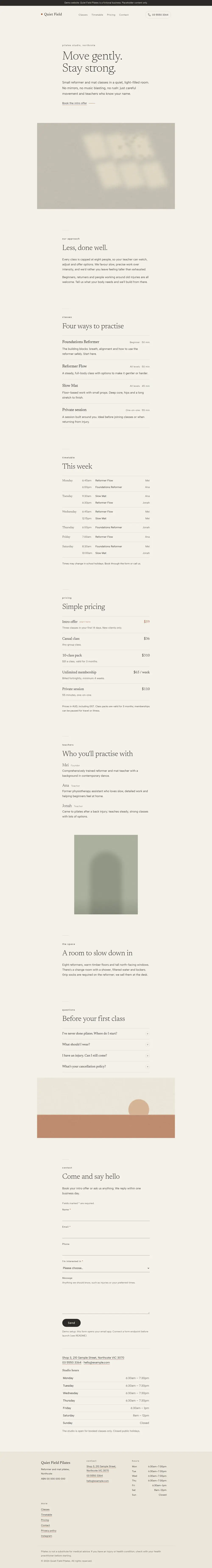 Full-page desktop screenshot of the pilates studio example site (Quiet Field Pilates).