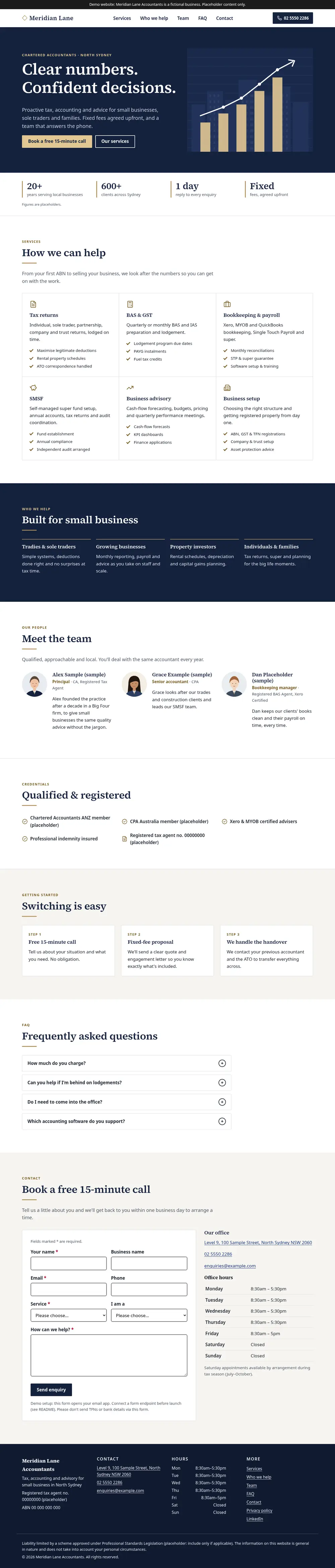 Full-page desktop screenshot of the professional services example site (Meridian Lane Accountants).