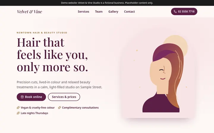 Screenshot of the hair and beauty template: an elegant blush and plum salon website with a booking button.