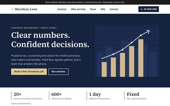Screenshot of the professional services template: a navy and ivory accounting firm website.