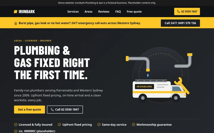 Screenshot of the tradies template: a dark charcoal and safety-yellow plumbing website with a big call button.